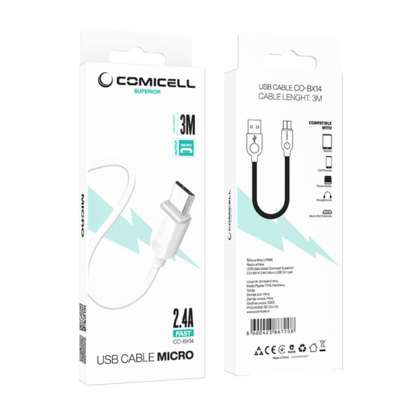 USB data kabal Comicell Superior CO-BX14 2.4A Micro USB 3m beli - Image 6