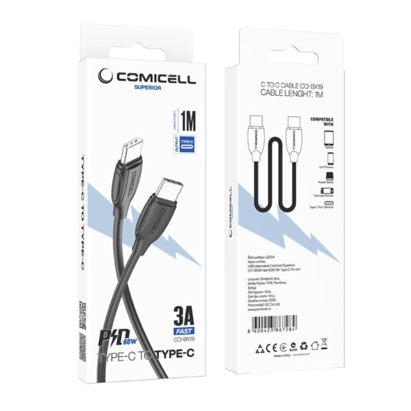 USB data kabal Comicell Superior CO-BX19 Fast 60W 3A Type C na Type C 1m crni - Image 5