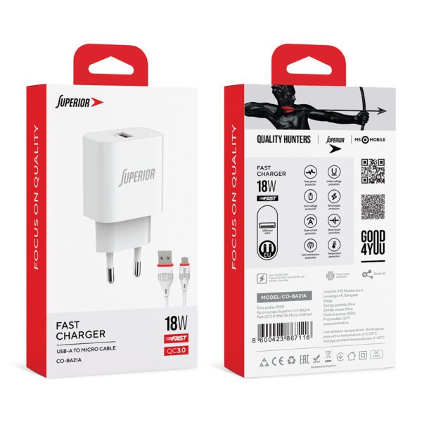 Kucni punjac Comicell Superior CO-BA21A Fast QC3.0 18W 3A Micro USB beli - Image 3