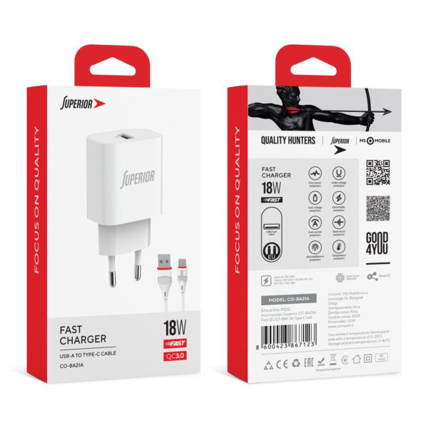 Kucni punjac Superior CO-BA21A Fast QC3.0 18W 3A Type C beli - Image 3